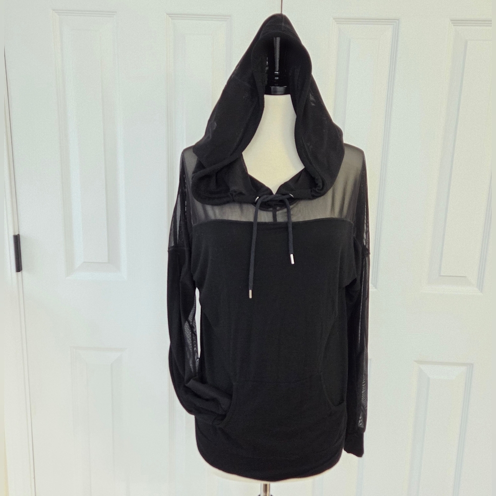 LEA & VIOLA LOUNGE BLACK LIGHTWEIGHT COTTON & MESH TOP HOODIE POCKET STREETWEAR